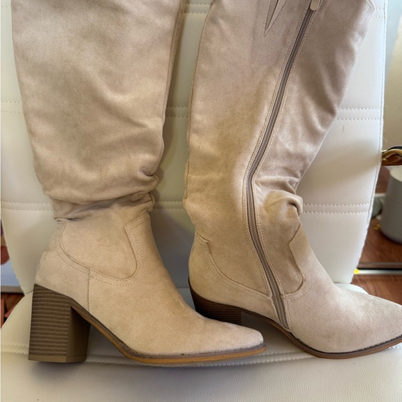 Cream Suede Knee-High Block Heel Boots - Picture 2 of 4